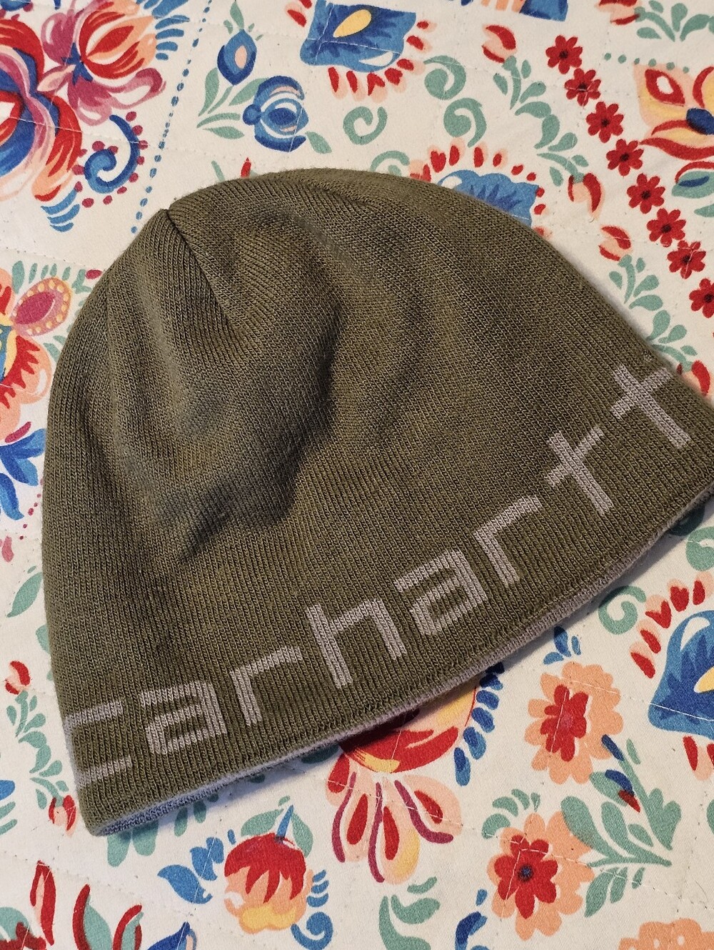 Carhartt Reversible Knit Beanie Olive Green Grey Script Logo C Emblem Osfm Euc